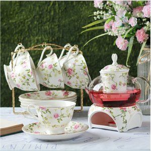 Floral tea set with/24k gilded gold/warmer, glass tea pot and porcelain teacups